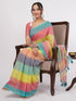 Vasthrlay Peach Striped | Floral | Solid Print Design Linen Saree With Solid Unstitched Linen Blouse Piece