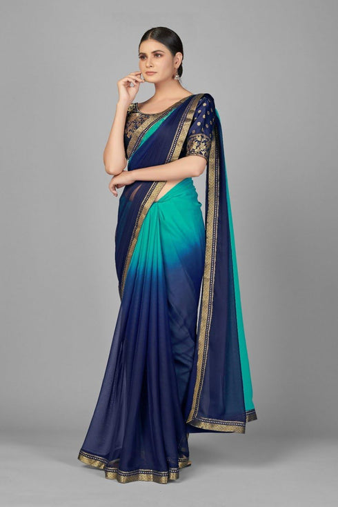 Vasthrlay Two Tone Georgette Turquoise Embroidered