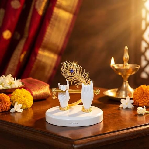 Gold Plated Melodic Krishna Hands Statue with Flute & Peacock Feather