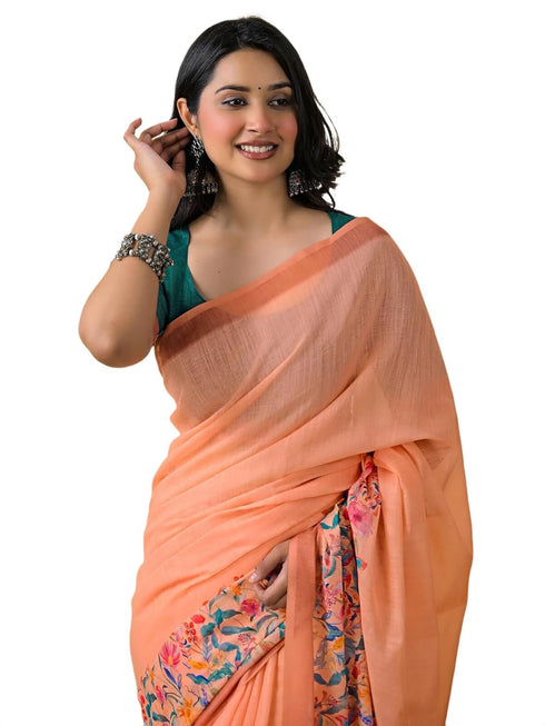Vasthrlay Womens Printed Unstitched Peach Saree