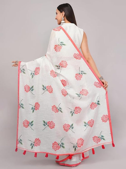 Vasthrlay White Striped | Floral | Solid Print Design Linen Saree With Solid Unstitched Linen Blouse Piece