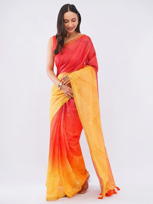 Vasthrlay Women'S Red Chevron Printed Linen Saree With Unstitched Blouse