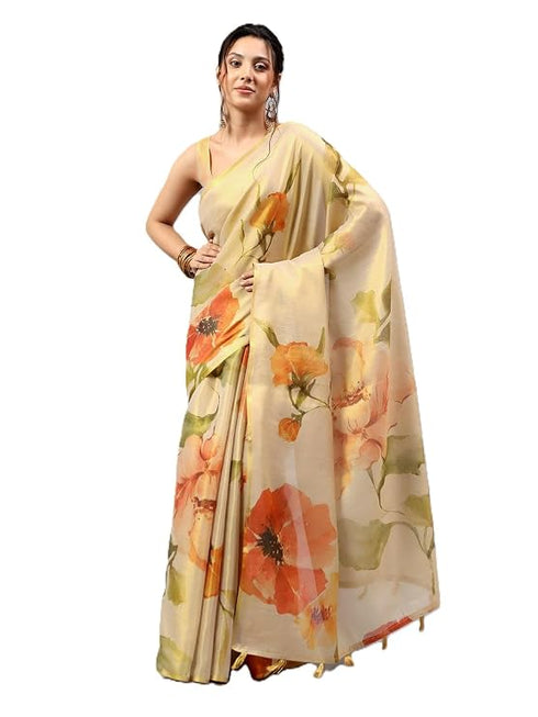 Vasthrlay Metallic Gold Heavy Zari Woven Silk Ethnic Saree With Unstitched Blouse