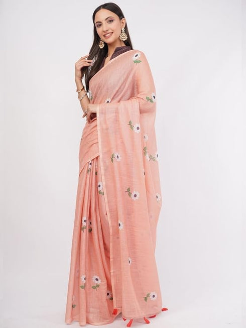Vasthrlay Peach Printed Linen Saree With Unstitched Blouse Piece