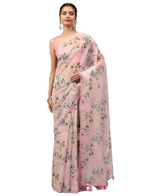 Vasthrlay Peach Pink Floral Printed Organza Saree With Unstitched Blouse