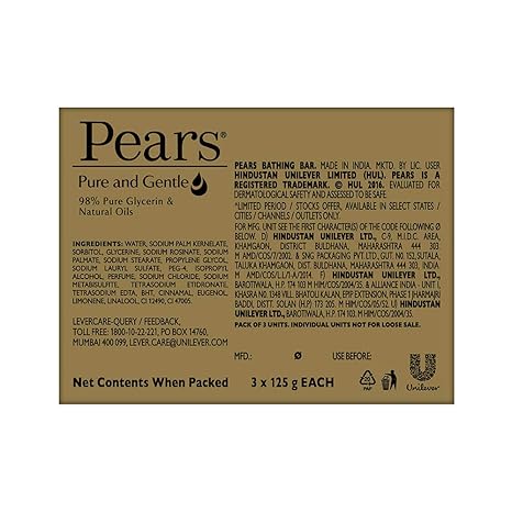 Pears Moisturising Bathing Bar Soap with Glycerine Pure & Gentle For Golden Glow 125g