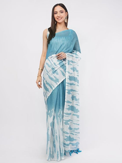 Vasthrlay Sky Blue Linen Floral| Striped| Check Design Printed Saree With Solid Unstitched Linen Blouse Piece