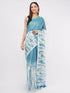 Vasthrlay Sky Blue Linen Floral| Striped| Check Design Printed Saree With Solid Unstitched Linen Blouse Piece