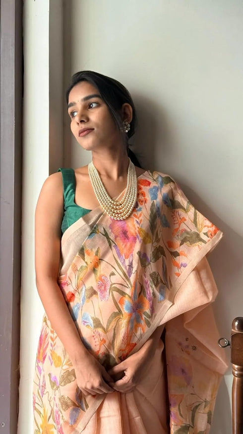 Vasthrlay Peach Floral Printed Linen