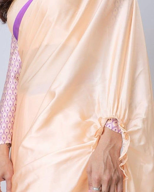 Vasthrlay Printed Kaftan Freehand Peach Women's Floral Satin Silk Saree