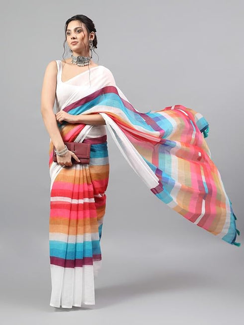 Vasthrlay White Printed Striped Linen Saree With Solid Linen Unstitched Blouse Piece For Women