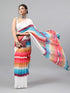 Vasthrlay White Printed Striped Linen Saree With Solid Linen Unstitched Blouse Piece For Women