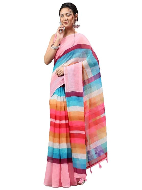 Vasthrlay Peach Printed Striped Linen Saree With Solid Linen Unstitched Blouse Piece For Women