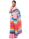 Vasthrlay Peach Printed Striped Linen Saree With Solid Linen Unstitched Blouse Piece For Women