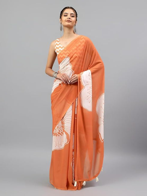 Vasthrlay Midnight Orange Georgette Botanical Floral Printed Saree With Unstitched Blouse