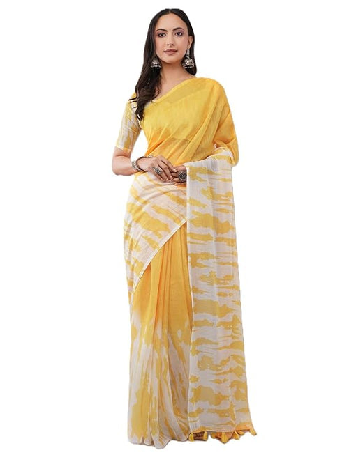 Vasthrlay Yellow Linen Floral | Striped | Check Design Printed Saree With Solid Unstitched Linen Blouse Piece