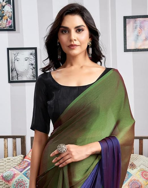 Vasthrlay Womens Chiffon Blue Saree With Black Unstitched Blouse Piece