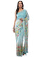 Vasthrlay Printed Blue Linen Saree With Unstitched Blouse Piece