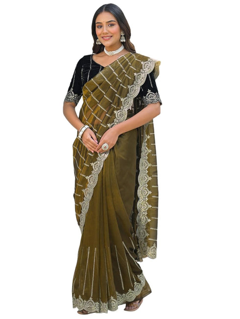 Vasthrlay Embroidery Scalloped Unstitched Navy Blue Saree
