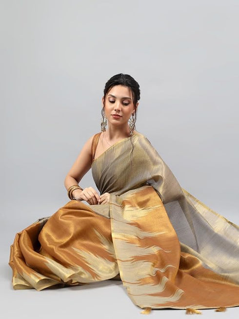 Vasthrlay Yellow Heavy Zari Woven Silk Ethnic Saree With Red Blouse