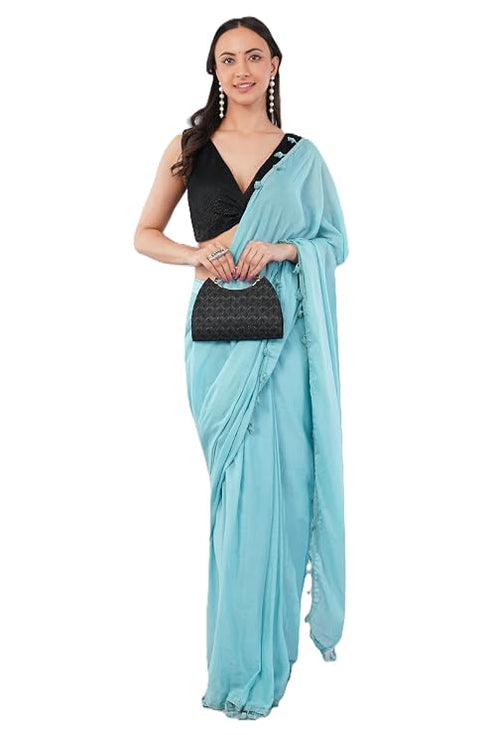 Vasthrlay Blue Plain Cotton Saree With Pocket And Unstitched Blouse Piece