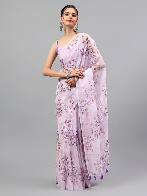 Vasthrlay Purple Sheer Floral Printed Art Chiffon Saree With Unstitched Blouse
