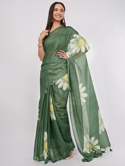 Vasthrlay Green Printed Linen Saree With Unstitched Blouse Piece