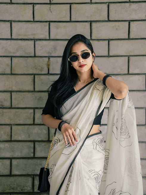 Vasthrlay White and Black Linen Saree with Rose Print | Elegant Minimal Border For Office and Casual Saree