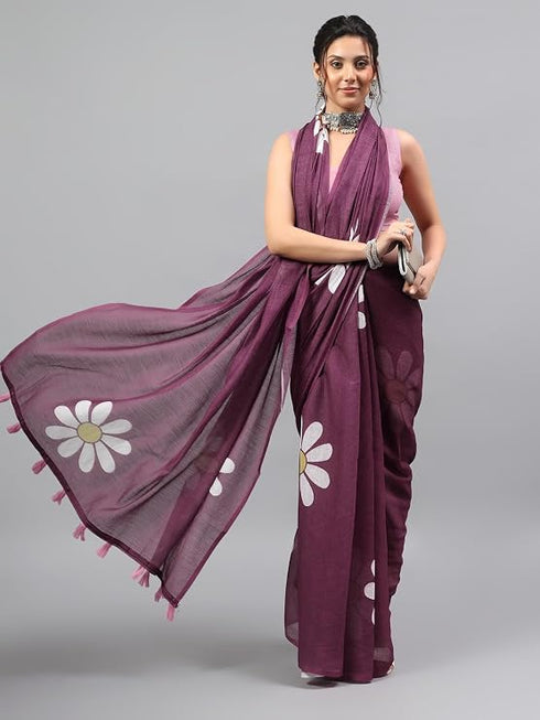 Vasthrlay Dark Purple Linen Floral Printed Saree With Solid Unstitched Linen Blouse Piece