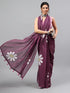 Vasthrlay Dark Purple Linen Floral Printed Saree With Solid Unstitched Linen Blouse Piece