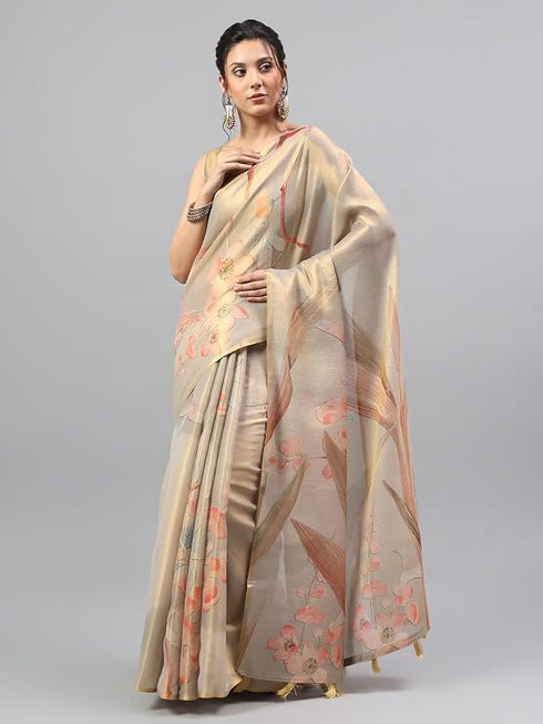 Vasthrlay Gold1 Floral And Solid Design Polyester Saree With Unstitched Blouse Piece