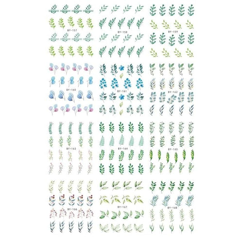 S.A.V.I Floral Nail Decals - 12 Green Plant Designs- Water Transfer Nail Art Stickers