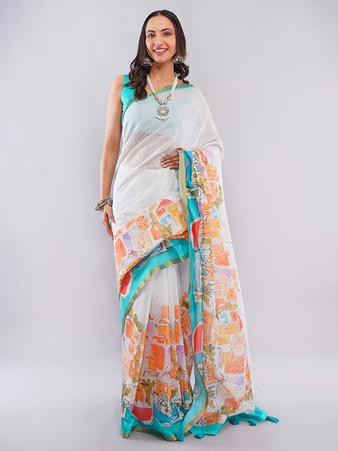 Vasthrlay Women'S Off White Chevron Printed Linen Saree With Unstitched Blouse