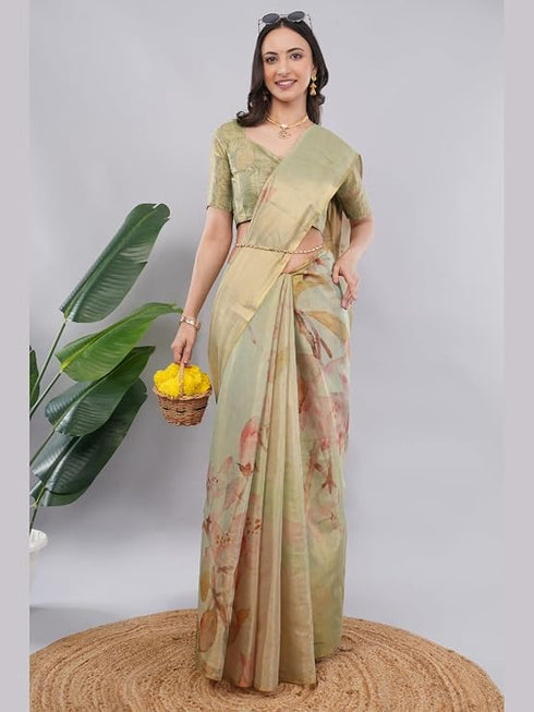 Vasthrlay Green1 Floral And Solid Design Polyester Saree With Unstitched Blouse Piece