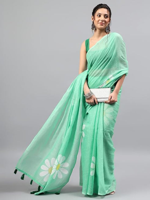 Vasthrlay Lemon Green Linen Floral Printed Saree With Solid Unstitched Linen Blouse Piece