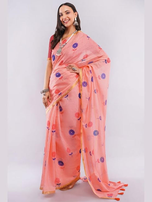 Vasthrlay Peach Daisy Floral Prints Linen Saree With Zari Border And Unstitched Blouse Piece