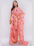 Vasthrlay Peach Daisy Floral Prints Linen Saree With Zari Border And Unstitched Blouse Piece