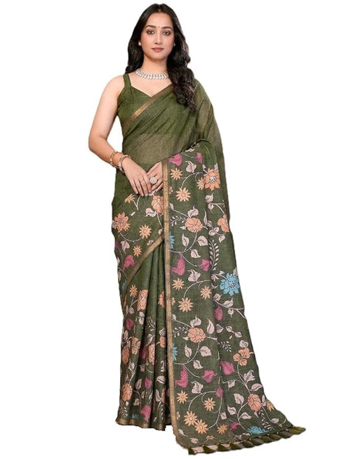 Vasthrlay Multicolour Floral Linen Saree With Solid Black Unstitched Blouse