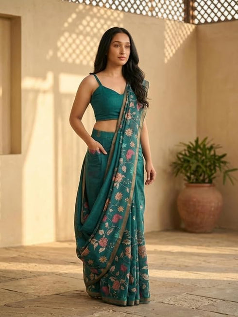 Vasthrlay Turquoise Floral Print Ready To Wear Linen Saree