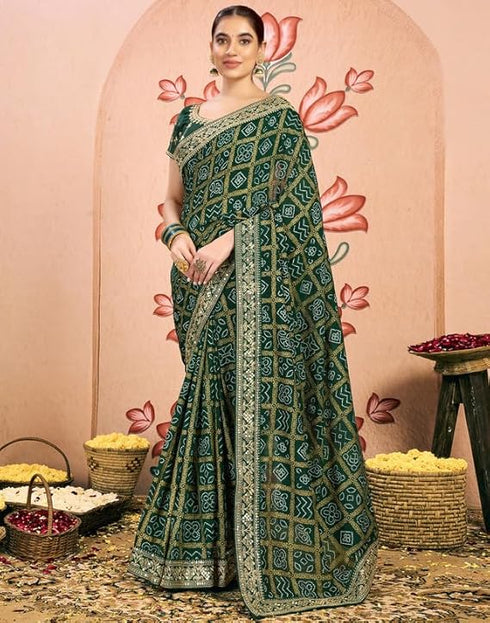 Vasthrlay Georgette Embroidery Unstitched Dark Green Saree