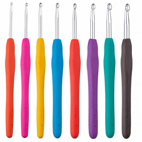 8 Pcs Ergonomic Crochet Hooks Set, Soft Grip Rubber Handle Aluminium Crochet Needles