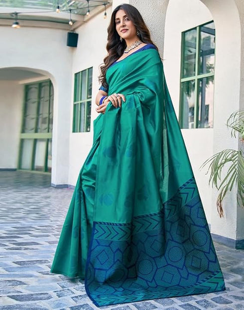 Vasthrlay Banarasi Jacquard Unstitched Teal Saree