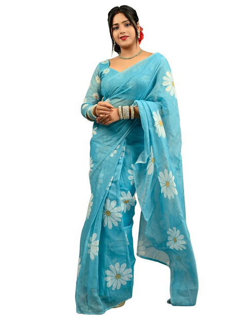 Vasthrlay Chanderi Printed Unstitched Blue Saree
