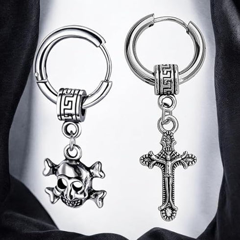 M Men Style Gothic Skeleton Head Cross Titanium Steel Silver Stainless Hoop Earrings