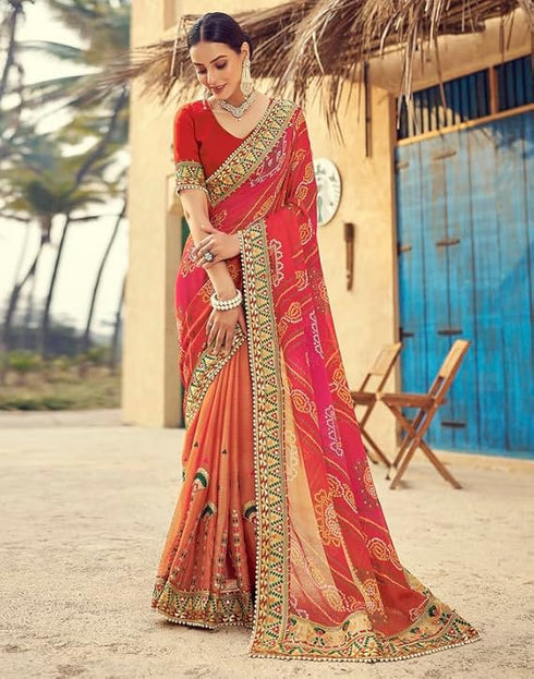 Vasthrlay Bandhani Embroidery Unstitched Red Saree