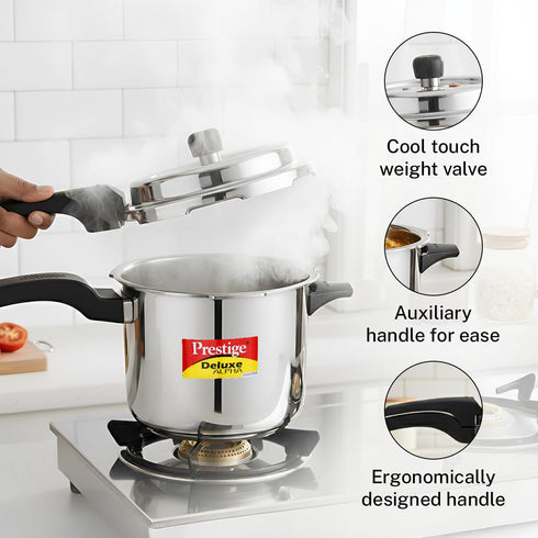 Prestige 3 Litre Stainless Steel Deluxe Alpha Svachh Outer Lid Pressure Cooker