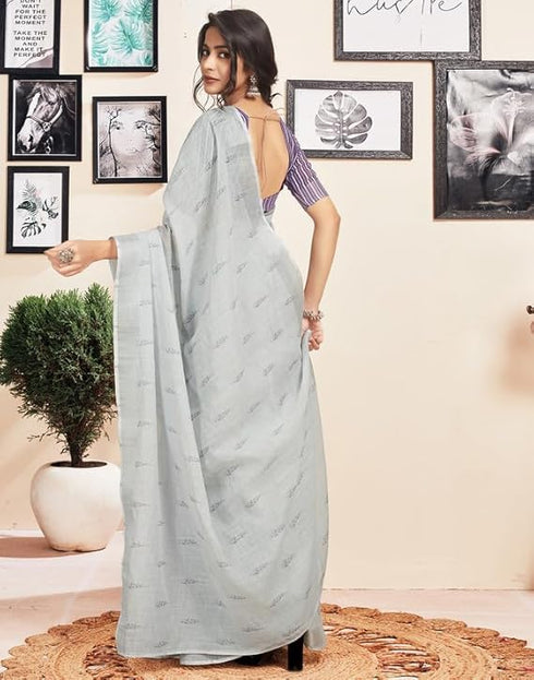Vasthrlay Printed Pleated Unstitched White Saree