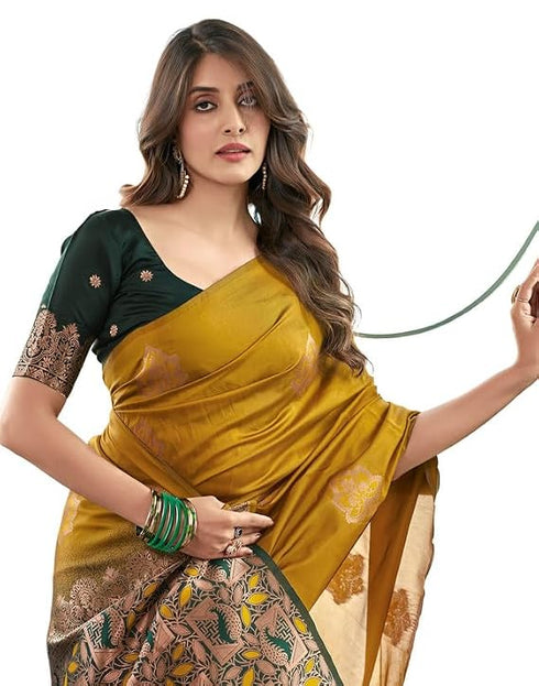 Vasthrlay Jacquard Kanjivaram Turmeric Saree With Dark Green Unstitched Blouse Piece