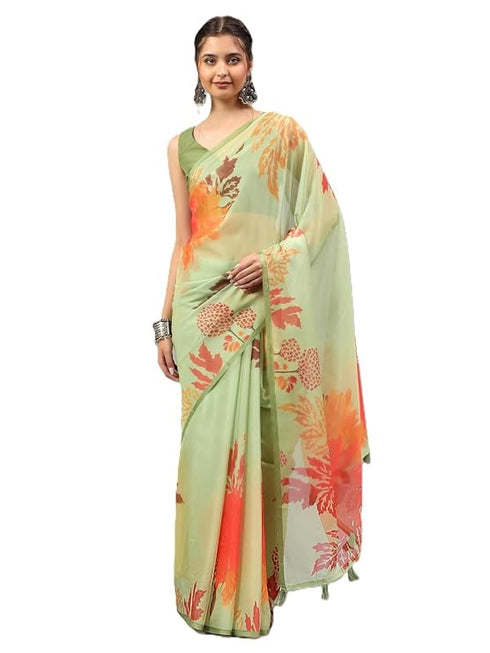 Vasthrlay Green Sheer Spring Floral Printed Art Chiffon Saree With Unstitched Blouse