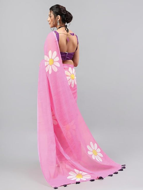 Vasthrlay Pink Linen Floral Printed Saree With Solid Unstitched Linen Blouse Piece